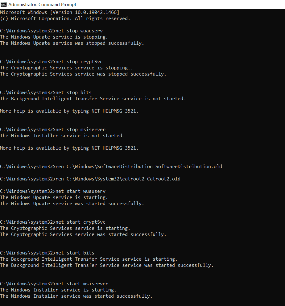escriba los siguientes comandos uno por uno y presione Entrar después de cada comando.  Solucionar el error de actualización de Windows 10 0x80070103