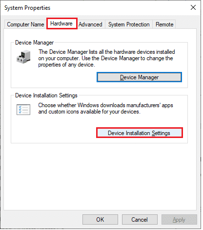 Luego, cambie a la pestaña Hardware en la ventana emergente Propiedades del sistema y haga clic en la opción Configuración de instalación del dispositivo