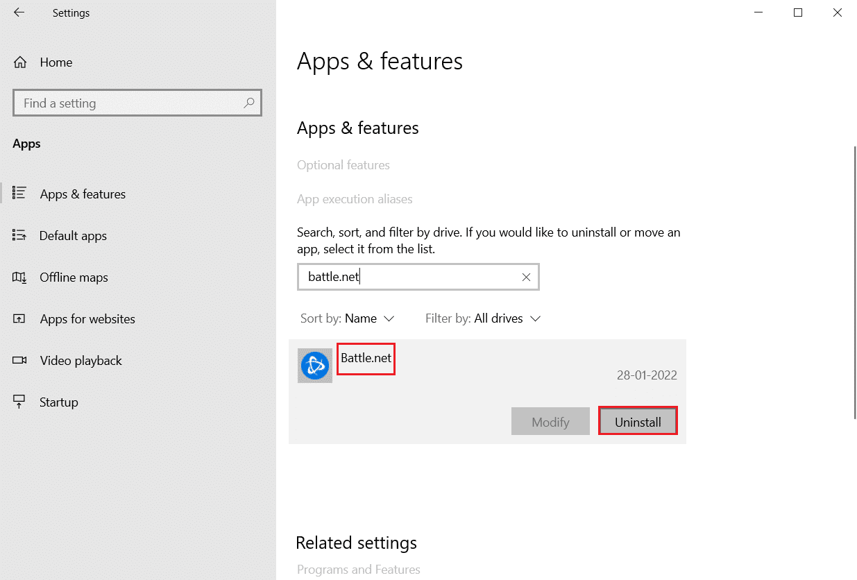 desinstale blizzard battle.net de la configuración de aplicaciones y funciones.  Solucionar el error de actualización de Windows 10 0x80070103