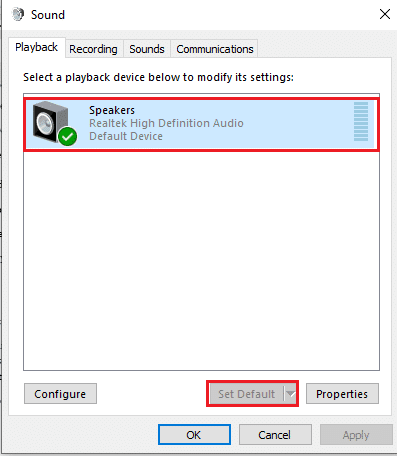 En la pestaña Reproducción, elija el altavoz que necesita para configurarlo como predeterminado y haga clic en el botón Establecer como predeterminado.