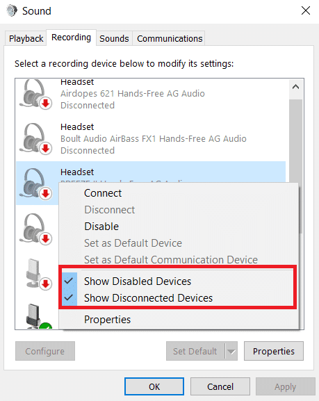 Elija las opciones Mostrar dispositivos deshabilitados y Mostrar dispositivos desconectados en el menú contextual. Cómo arreglar Skype Stereo Mix no funciona en Windows 10