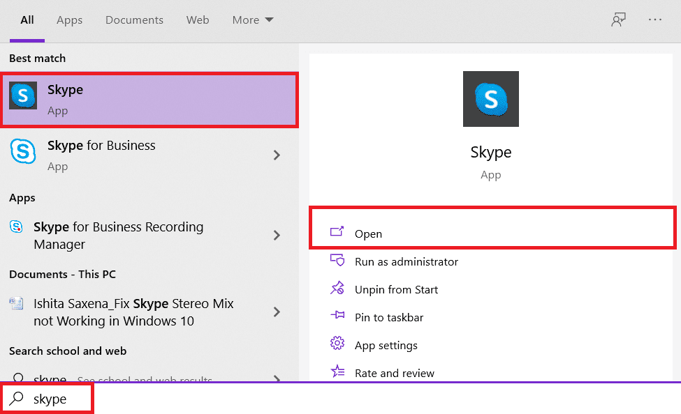 Abra el menú Inicio y escriba Skype, haga clic en Abrir en el panel derecho | Cómo arreglar Skype Stereo Mix no funciona en Windows 10