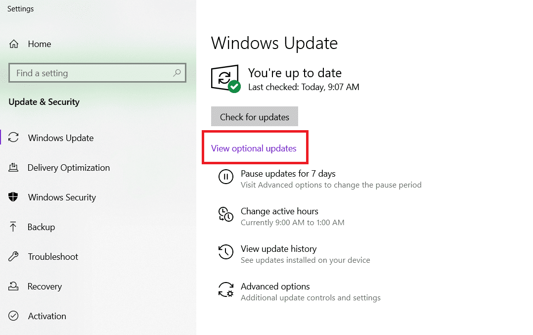haga clic en Ver actualizaciones opcionales en el panel derecho