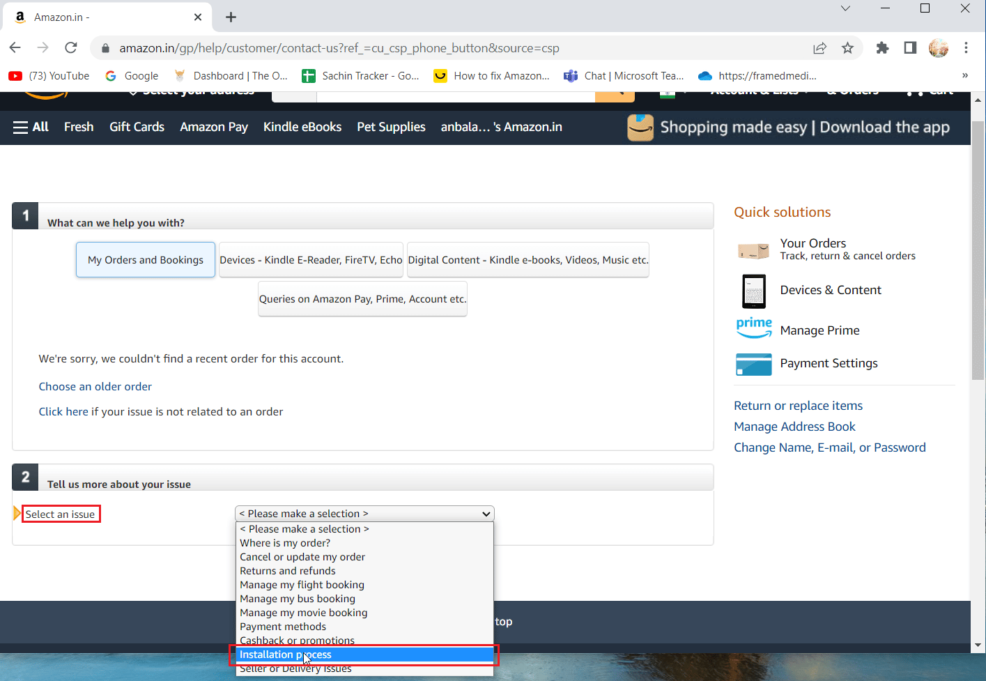 haga clic en seleccionar un problema desplegable y elija el proceso de instalación.  Solucionar el error de Alexa 10 2 17 5 1 en Echo Dot