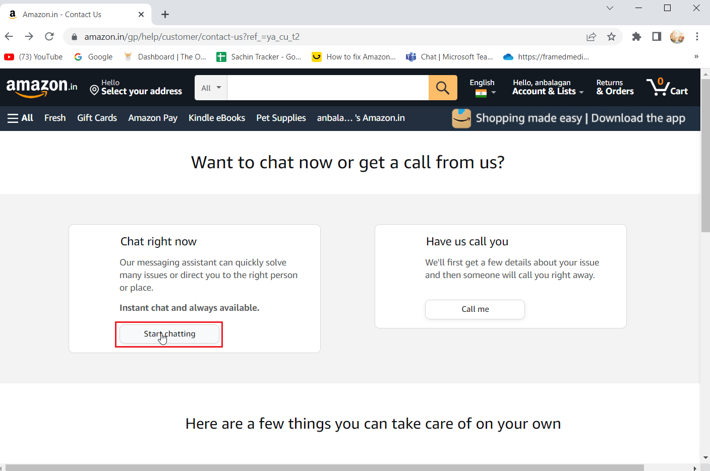 haga clic en la opción de comenzar a chatear.  Solucionar el error de Alexa 10 2 17 5 1 en Echo Dot