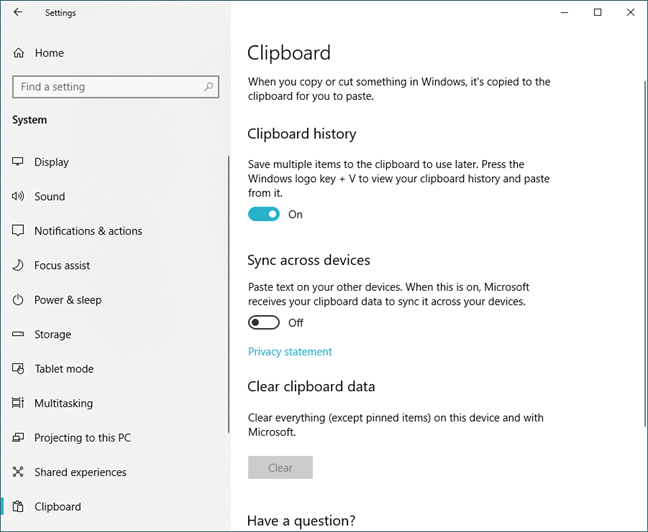 Configuración del portapapeles en Windows 10