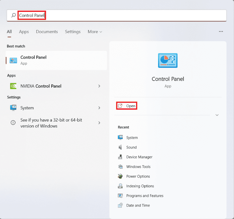 Resultados de la búsqueda en el menú Inicio del Panel de control.  ¿Cómo cambiar la acción de apertura de la tapa en Windows 11?