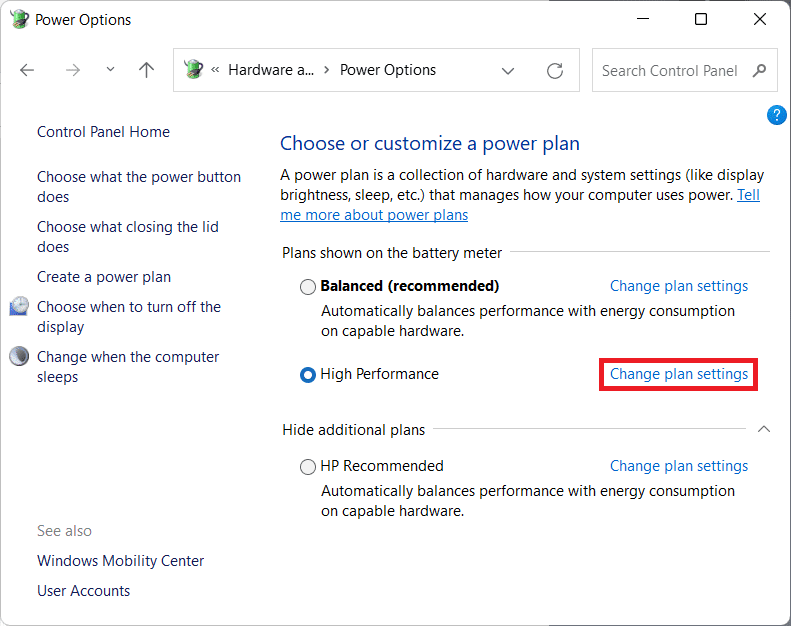 haga clic en Cambiar la configuración del plan en la ventana Opciones de energía.  ¿Cómo cambiar la acción de apertura de la tapa en Windows 11?