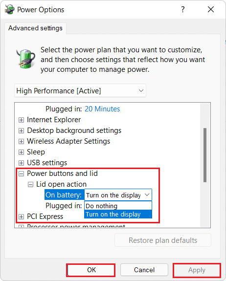 cambiar la acción de abrir la tapa en las opciones de energía de Windows 11