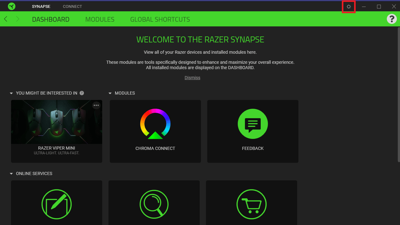Haga clic en el icono de engranaje de configuración.  Cómo arreglar el visualizador de audio Razer que no funciona