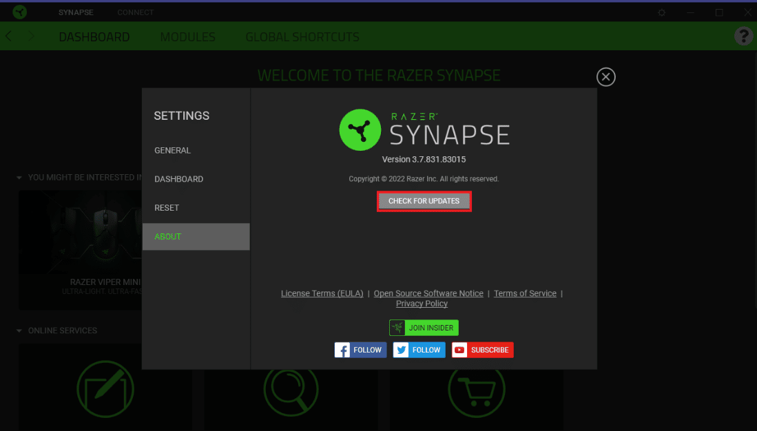   Haga clic en VERIFICAR ACTUALIZACIONES.  Cómo arreglar el visualizador de audio Razer que no funciona