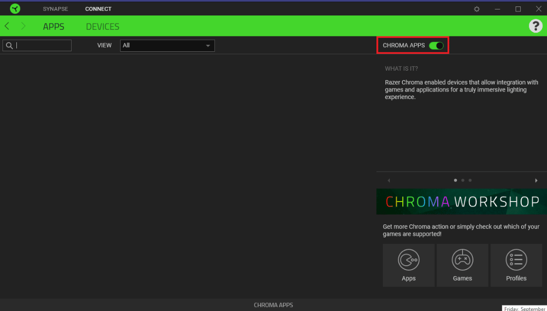 Activa APLICACIONES CHROMA.  Cómo arreglar el visualizador de audio Razer que no funciona
