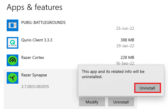 Haga clic en Desinstalar para confirmar.  Cómo arreglar el visualizador de audio Razer que no funciona