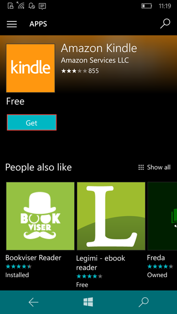 Aplicación Amazon Kindle, Windows 10 Mobile