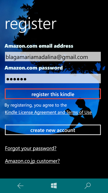 Aplicación Amazon Kindle, Windows 10 Mobile