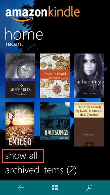 Aplicación Amazon Kindle, Windows 10 Mobile
