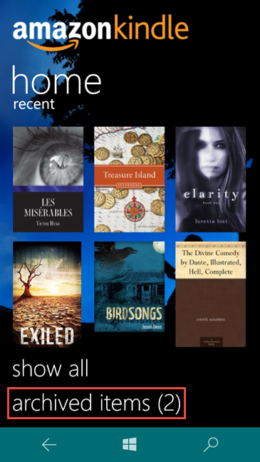 Aplicación Amazon Kindle, Windows 10 Mobile