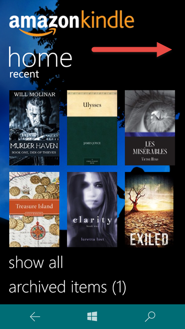 Aplicación Amazon Kindle, Windows 10 Mobile