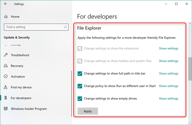 Fácil acceso a la configuración del Explorador de archivos que es útil para los desarrolladores