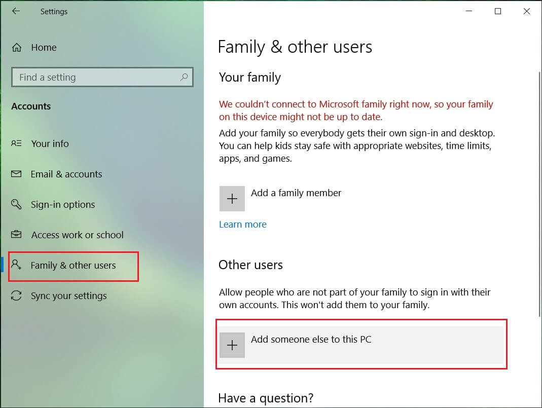 Haga clic en la pestaña Familia y otras personas y haga clic en Agregar a otra persona a esta PC |  [GUÍA] Restablecer Microsoft Edge a la configuración predeterminada
