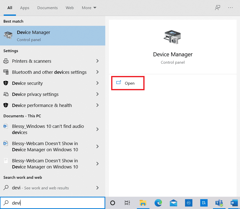 Presione la tecla de Windows y escriba Administrador de dispositivos. Haga clic en Abrir