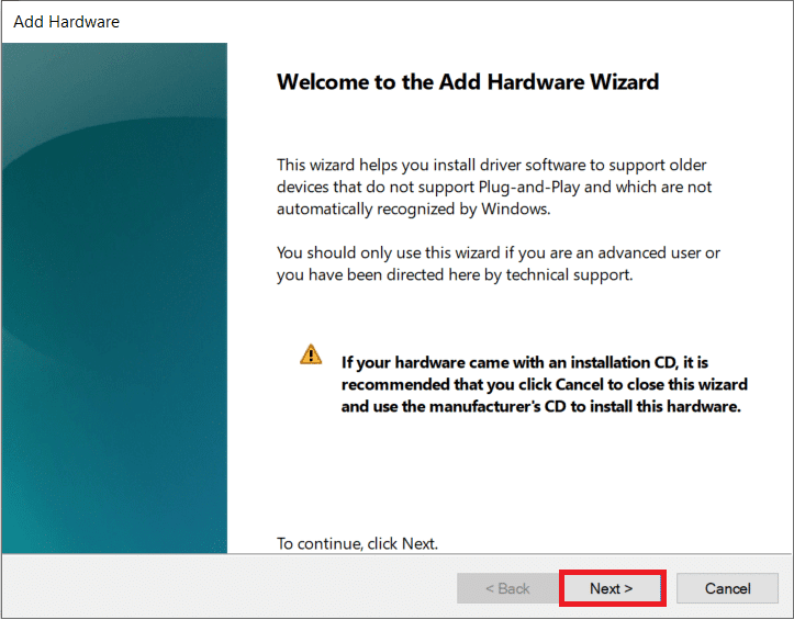 Haga clic en Siguiente en la ventana Agregar hardware