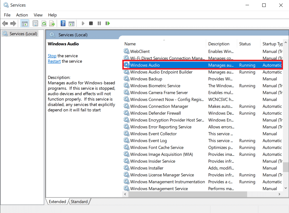 Desplácese por la ventana Servicios. Haga doble clic en Audio de Windows. Cómo arreglar que no haya dispositivos de audio instalados