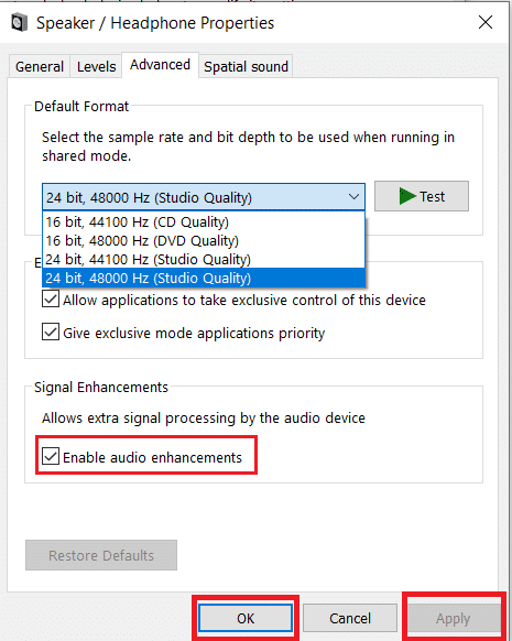 Activar Desactivar Mejoras de audio Altavoz Propiedades de los auriculares