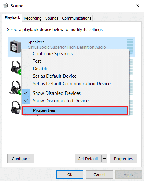 En la pestaña Reproducción, haga clic con el botón derecho en el dispositivo predeterminado y seleccione Propiedades. Cómo arreglar que no haya dispositivos de audio instalados