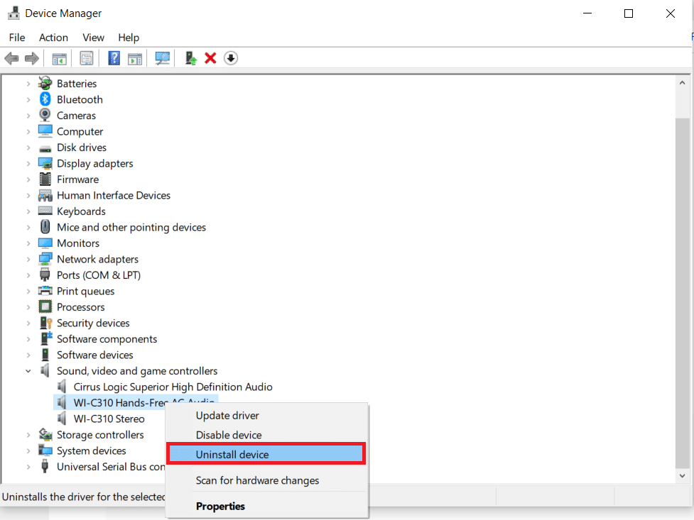 Haga clic derecho en el dispositivo de audio y haga clic en Desinstalar dispositivo. Cómo arreglar que no haya dispositivos de audio instalados