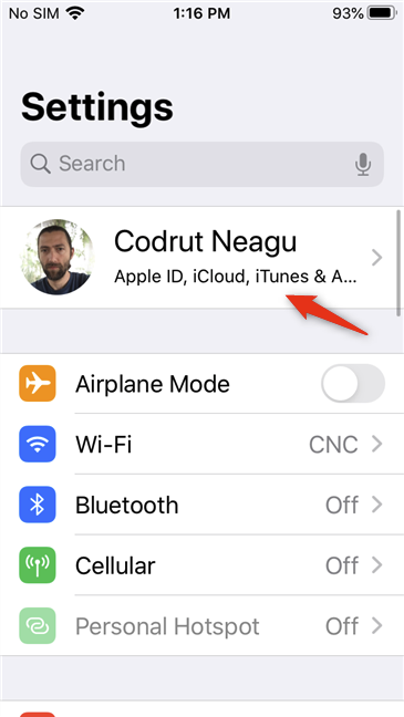 Entrada de ID de Apple desde la aplicación Configuración