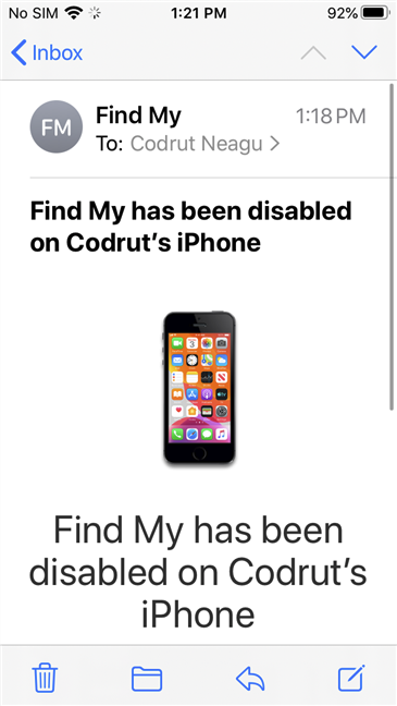 Correo electrónico de Apple que confirma que Find My iPhone ha sido deshabilitado