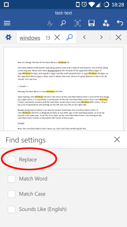 Android, Microsoft, Office, Word, Texto, Reemplazar, Buscar, Buscar