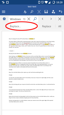Android, Microsoft, Office, Word, Texto, Reemplazar, Buscar, Buscar