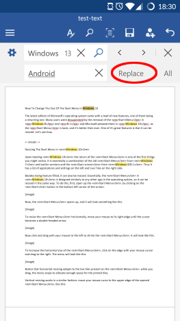Android, Microsoft, Office, Word, Texto, Reemplazar, Buscar, Buscar