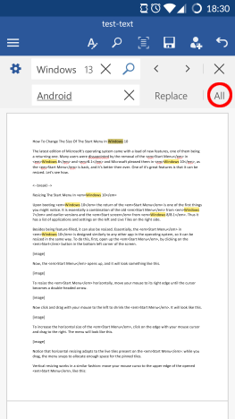 Android, Microsoft, Office, Word, Texto, Reemplazar, Buscar, Buscar