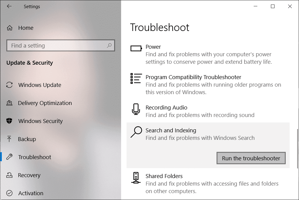 A continuación, haga clic en el botón Ejecutar el solucionador de problemas en Búsqueda e indexación
