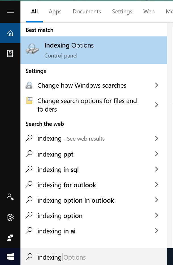 Haga clic en 'Opciones de indexación'.