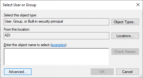 Desde la ventana Seleccionar usuario o grupo, haga clic en el botón Avanzado