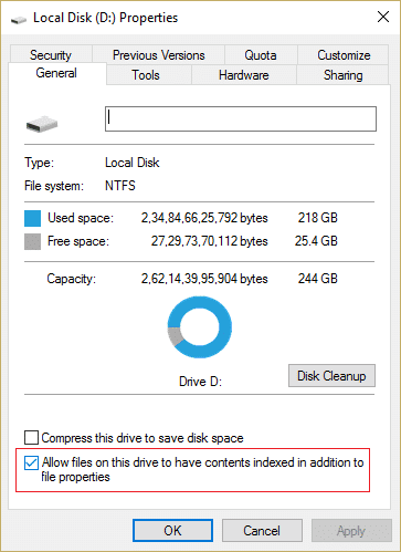 Marque Permitir que el servicio de indexación indexe este disco para una búsqueda rápida de archivos