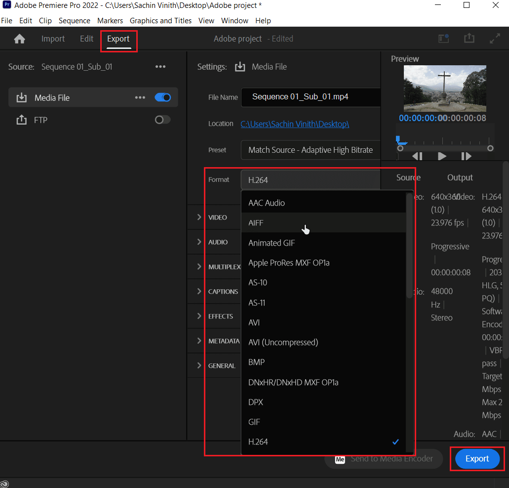 cambie el códec de video y haga clic en exportar