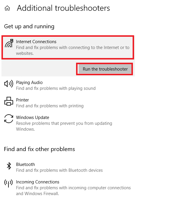 seleccione Conexiones a Internet y ejecute el Solucionador de problemas | Arreglar la computadora portátil HP que no se conecta a Wi-Fi