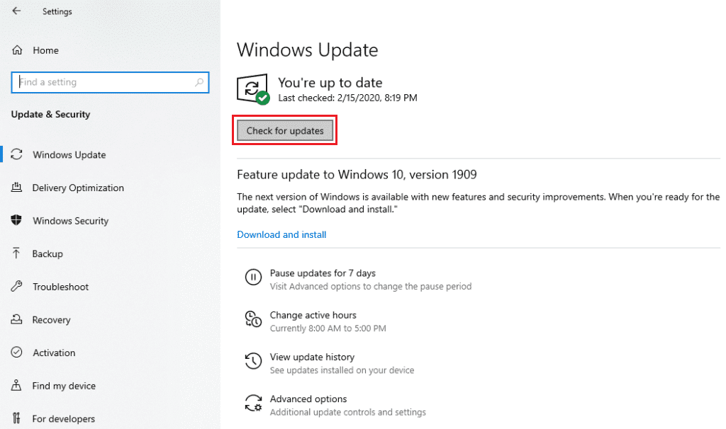 haga clic en Buscar actualizaciones. Arreglar la computadora portátil HP que no se conecta a Wi-Fi en Windows 10