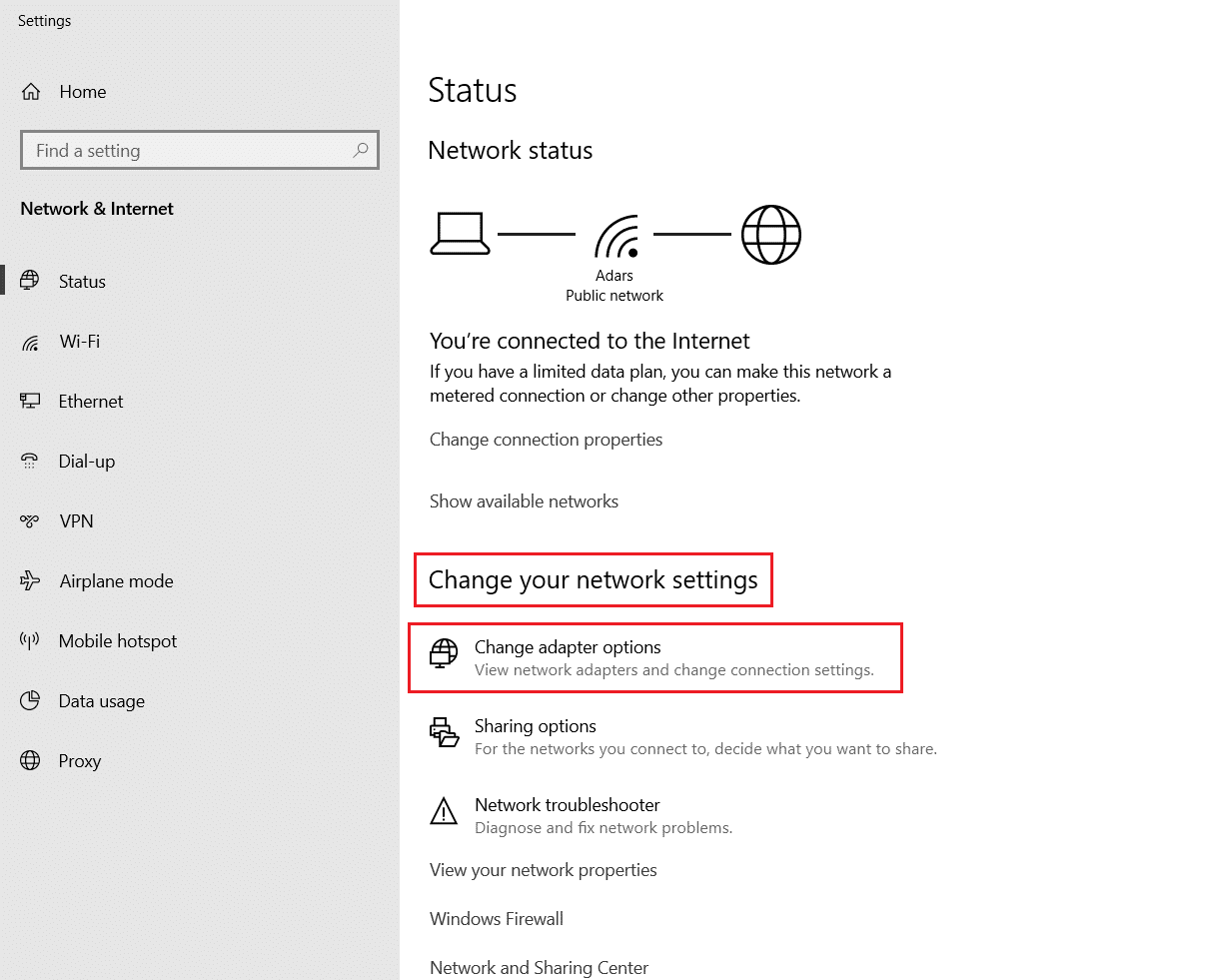 haga clic en la opción Cambiar adaptador en la sección Cambiar la configuración de red. Arreglar la computadora portátil HP que no se conecta a Wi-Fi