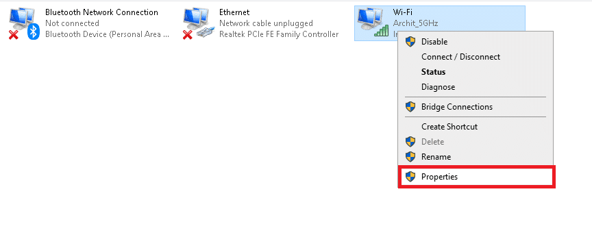 haga clic derecho en su Wi-Fi, luego seleccione Propiedades