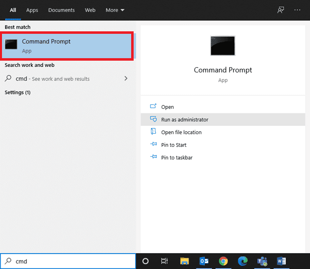 inicie el símbolo del sistema desde la búsqueda de Windows. Arreglar la computadora portátil HP que no se conecta a Wi-Fi en Windows 10