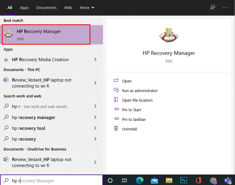 Vaya al menú Inicio y busque HP Recovery Manager. Arreglar la computadora portátil HP que no se conecta a Wi-Fi en Windows 10