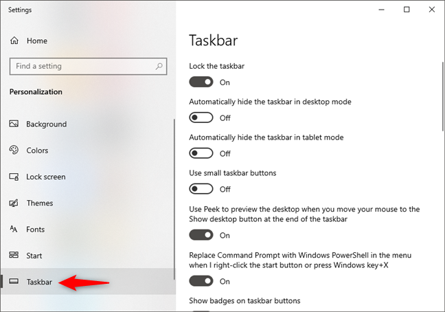 La página de la barra de tareas de la configuración de Windows 10