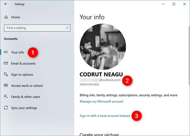 La configuración de Windows 10 muestra que se está utilizando una cuenta de Microsoft