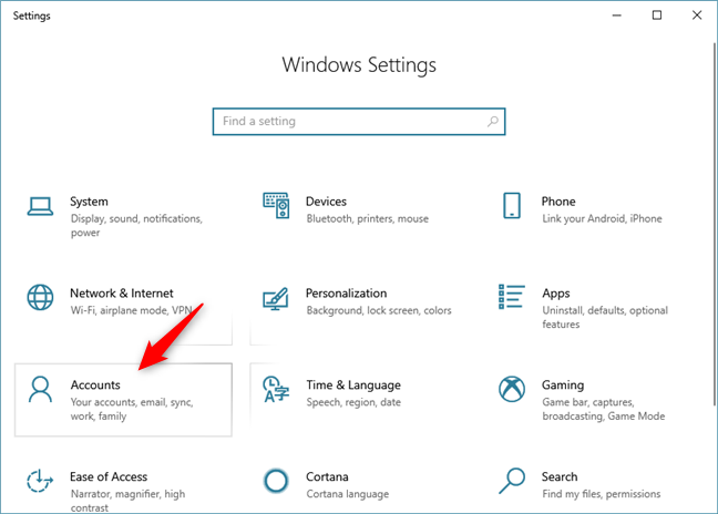 Categoría de cuentas en la configuración de Windows 10